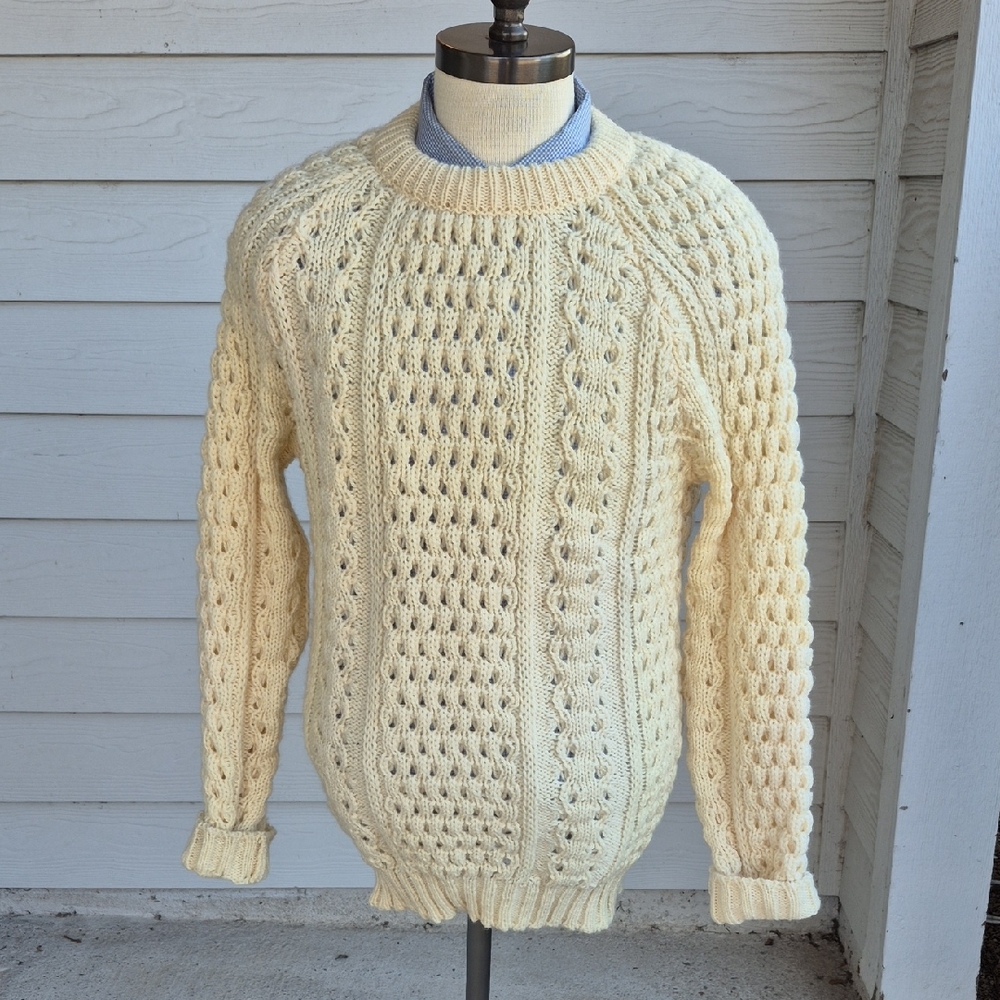 MALINMOR Ireland‎ Fisherman Knit Pure New Wool Mens Large Crewneck Sweater VTG